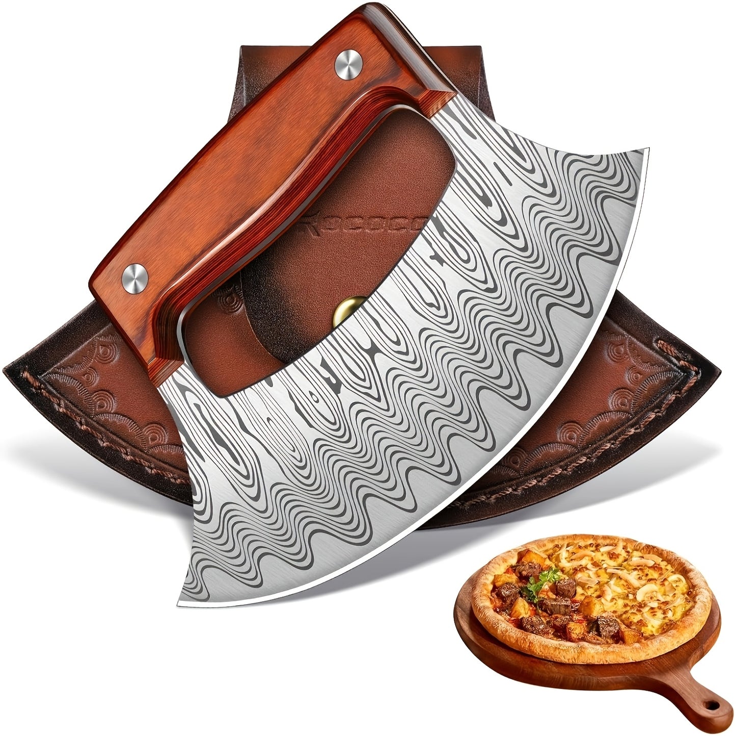 Professional Chef's Pizza Cutter, Hand-Forged Ura Knife, Full-Length Steel Handle, High Carbon Steel Material, Comes with Sheath and Gift Box. Suitable for Kitchen, Camping, and Barbecue Use as a Pizza Cutting Knife. A Birthday Gift for Men