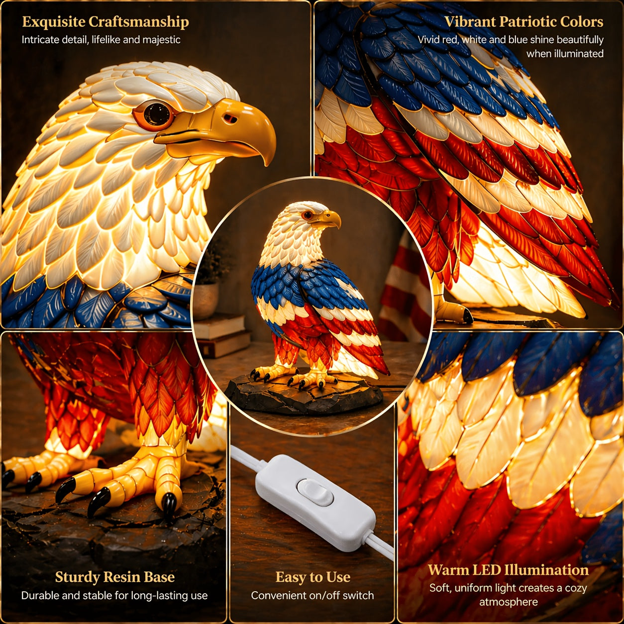 Boho Retro Stained Eagle Night Light – 3D Resin Animal Table Lamp, Vintage Colorful Stained Glass Effect Desk Light for Bedroom Home Decor, Creative Birthday Christmas Gift for Eagle Lovers