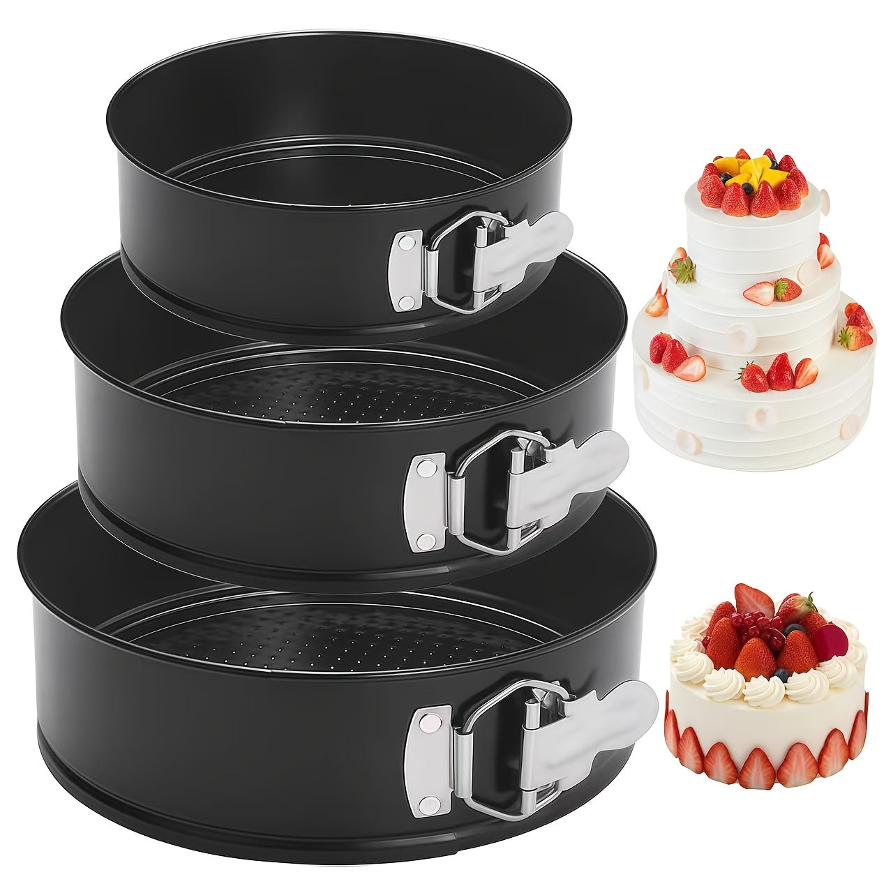 3/6pcs Non-Stick Durable Cake Baking Pan Set, with Removable Bottom Cake Molds, Carbon Steel Round and Heart-Shaped Baking Pans, Easy-Release Kitchen Springform Pan Set, Black