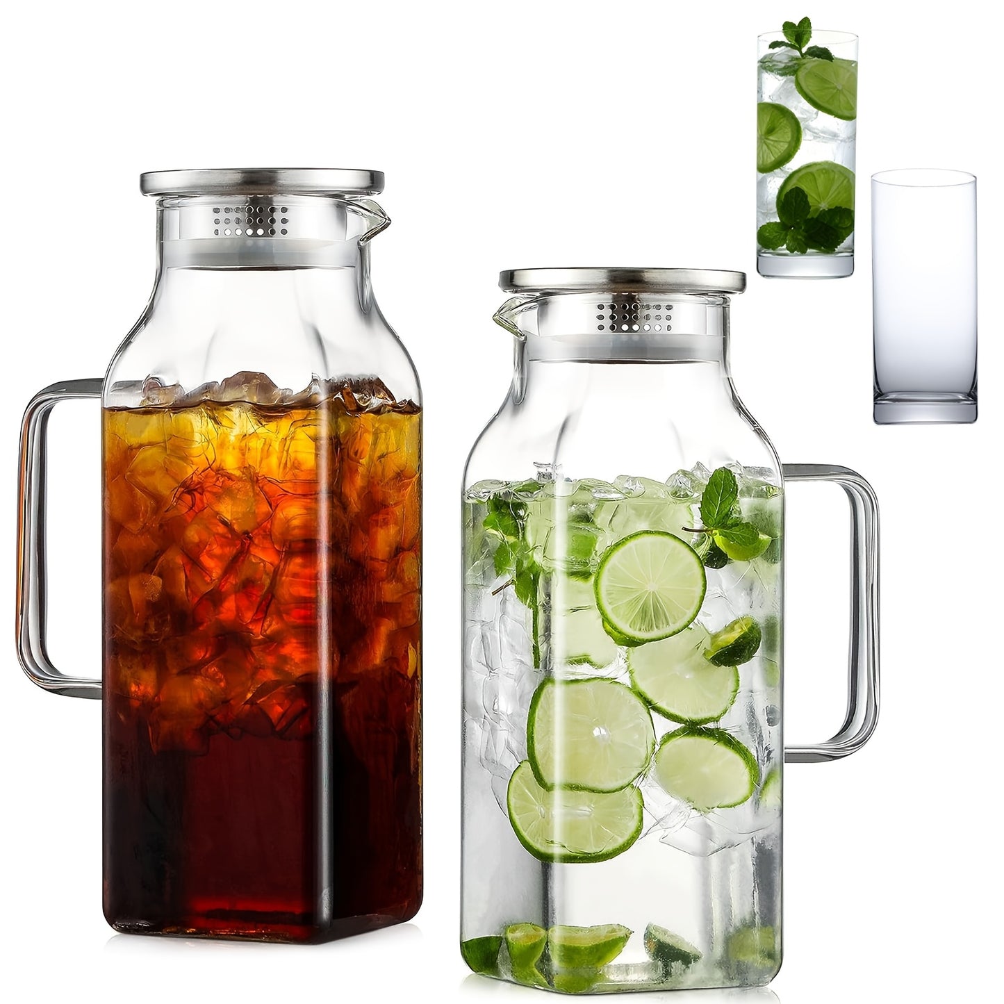 2/4 Pack 2 Liters/68 Oz Square Glass Pitcher With Lid And Handle For Fridge, Iced Tea And Coffee Carafe Beverage Serveware, Heat Resistant Borosilicate Water Jug For Hot/Cold Drinks And Milk