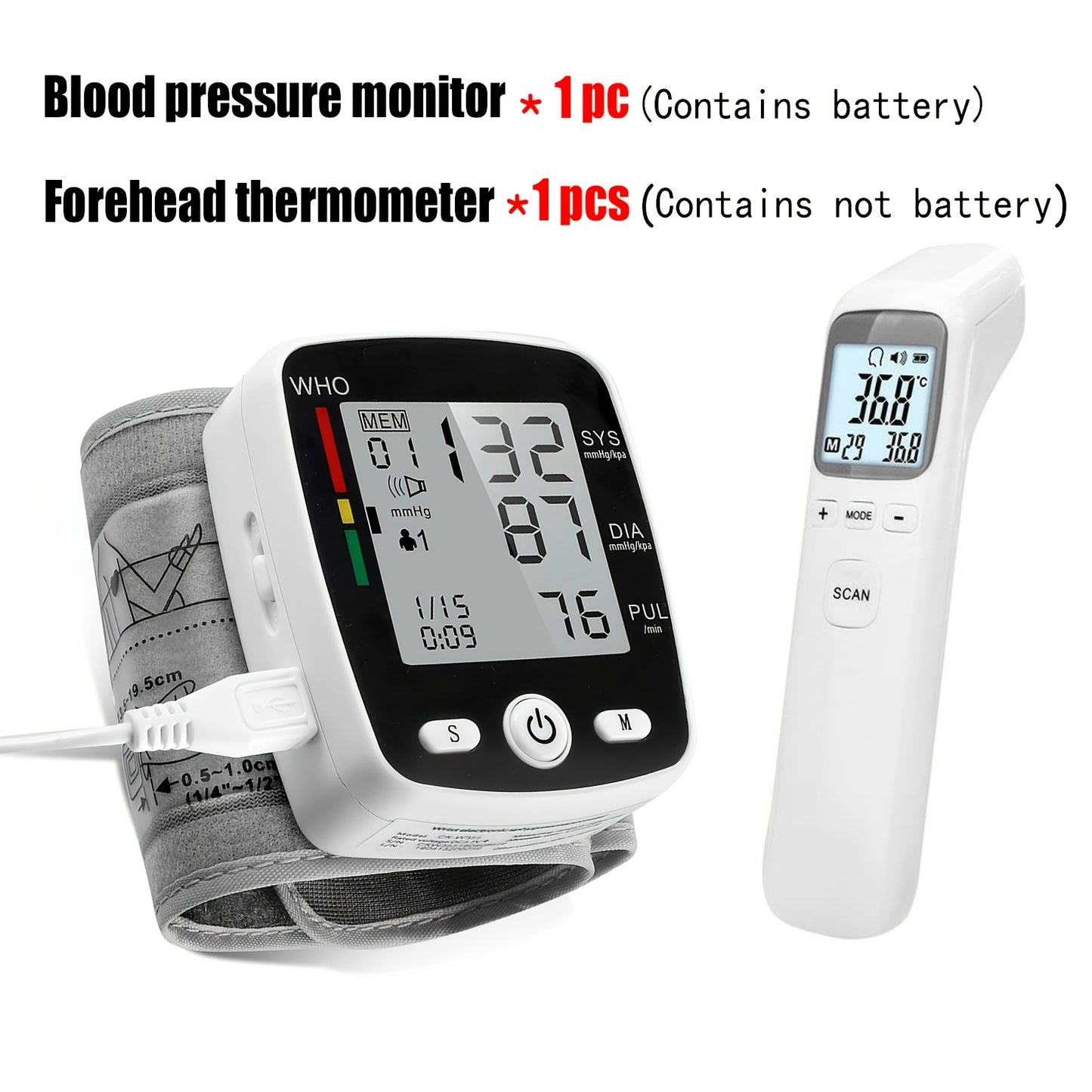 CHANG KUN 2pcs Set Wrist Blood Pressure Monitor+forehead Temperature Gun Digital Blood Pressure Monitor Rechargeable Blood Pressure Monitor, with 2x99 Reading Memory, Adjustable 5.4 "-7.7" Cuff, Large LCD Screen Voice Broadcast Portable And Portable