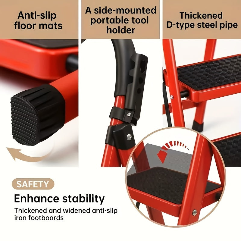 Heavy-duty 5-step Red Portable Folding Ladder, 500 Lbs Weight Capacity, Durable Plastic Folding Ladder with Non-slip Steps, Lightweight And Portable, Suitable for Both Household And Industrial Use