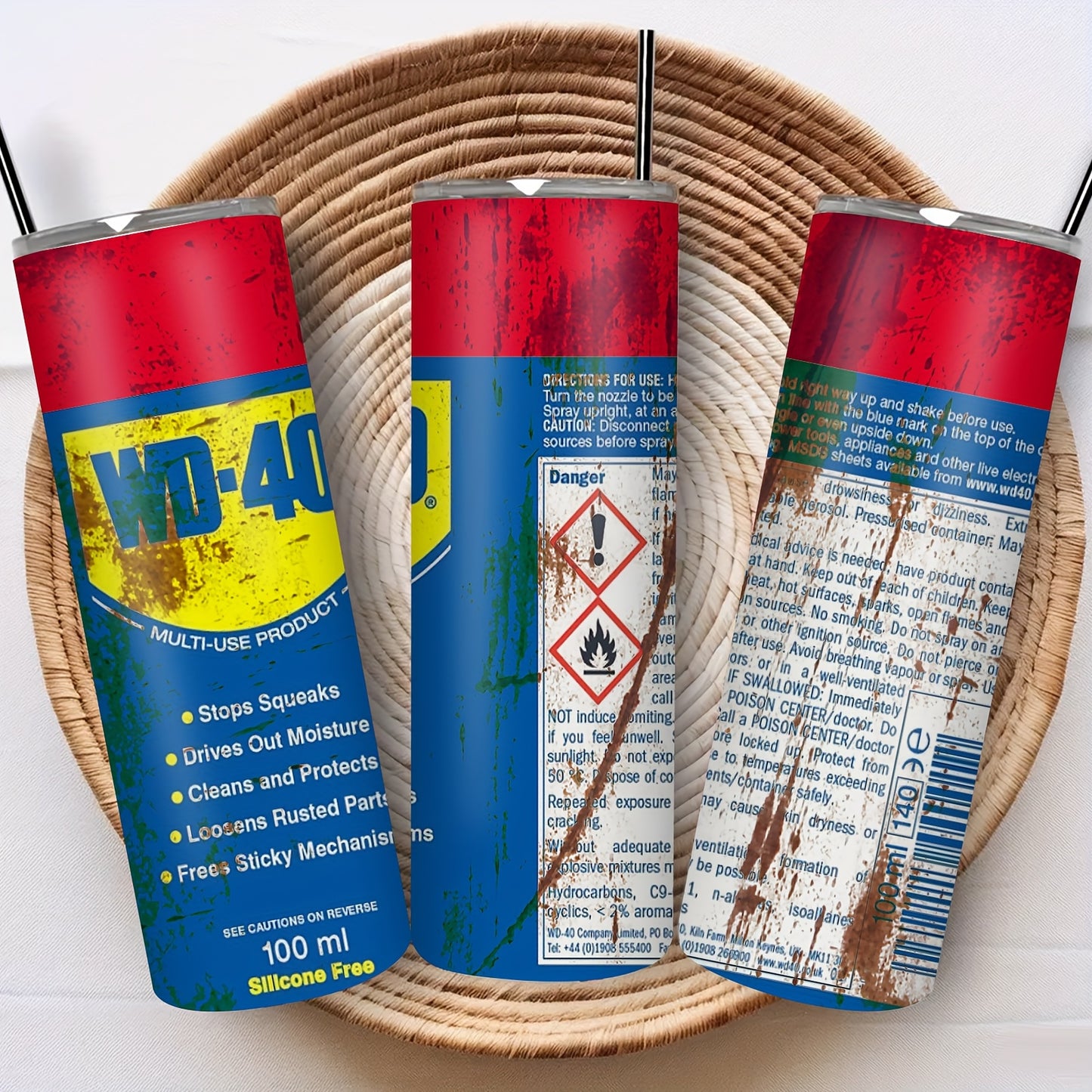 One 20Oz Stainless Steel Tumbler Featuring a WD-40 Design, Complete with a Lid And Straw. Keeps Drinks Hot for 6 Hours And Cold for 12. an Ideal Gift for Men, Enthusiasts, And Mechanics. Perfect for Use in The Garage, Workshop
