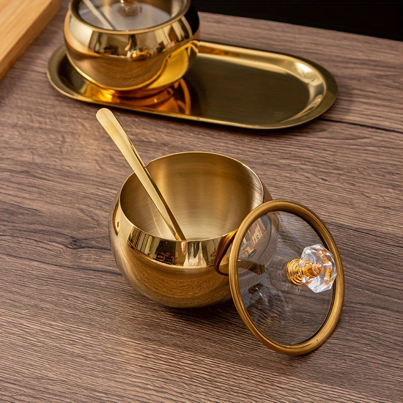 1 Set of 2/3 Stainless Steel Seasoning Jars Set, Spice Containers with Lid and Spoon, Golden Seasoning Bottles with Serving Tray, Suitable for Pepper, Salt, Spices, Candy, Coffee Beans Kitchen Jar Set