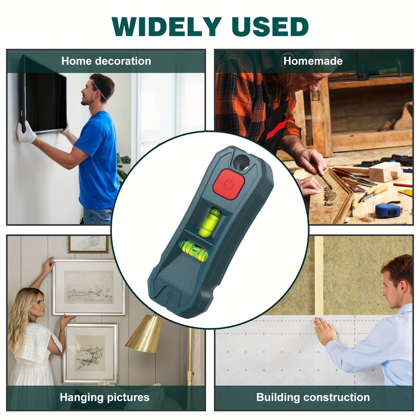 1-Pack Magnetic Stud Finder with Laser Level for Hanging Pictures and Home Renovation, Horizontal and Vertical Bubble Level Detector for Drywall and Wood Walls, Detects Nails Using the Magnet on the Back, No Display, No Sound