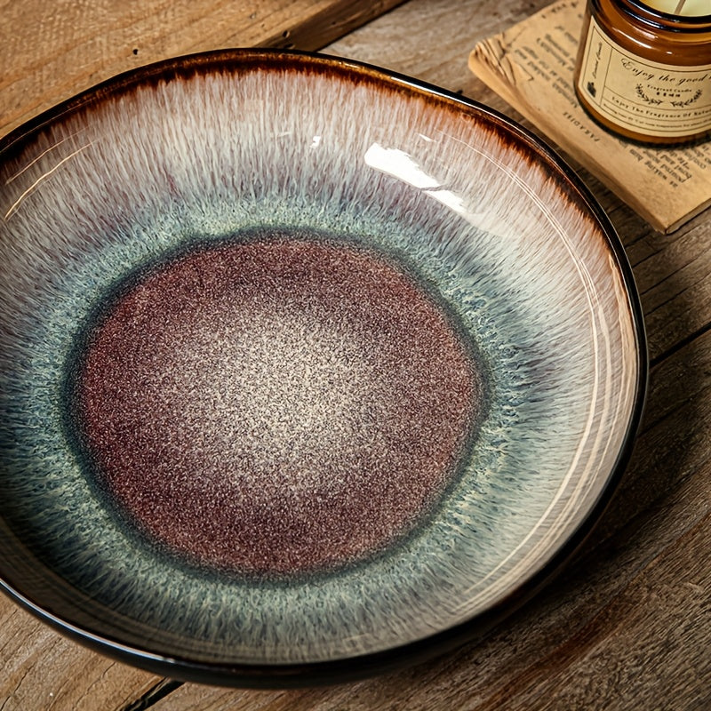 9 Inch Ceramic Salad Soup Plate - Brown Blue Gradient with Unique Irregular Edge Design, Handcrafted Artisan Tableware, Dishwasher Safe for Family Dining & Guest Hospitality