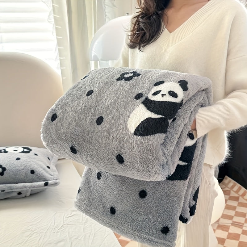 Luxury French Style Double-Sided Plaid Blanket Suitable for Home & Travel - Soft Panda-Themed Flannel Bedspread with Black/White/Pink Grid, Machine Washable Suitable for Seasons, Sofa,, Bedding