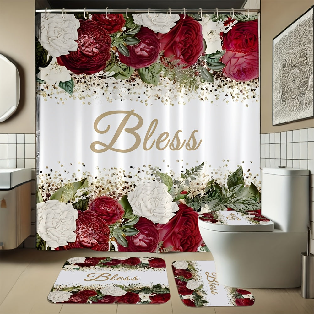 4pcs Complete Bathroom Set with Rose Blessing Printed Pattern, Elegant Modern Design for Home Decor, Shower Curtain, Complete 4pcs Toilet Lid Cover Set, Easy to Install, with 12 Durable Hooks - The Perfect Gift for Friends and Family