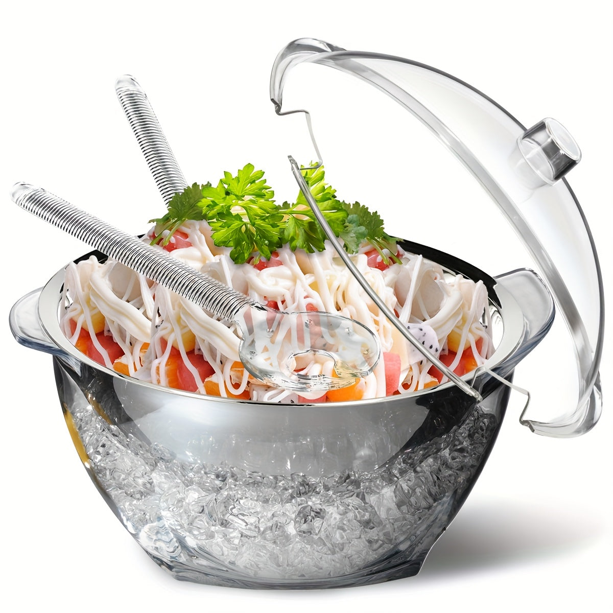 Large Ice Chill Salad Bowl with Lid, Large Salad Bowl with Ice Chiller Base And Lid, Kitchen Refrigerated Veggie Tray with Two Long Spoons, Party Platters for Food, Clear