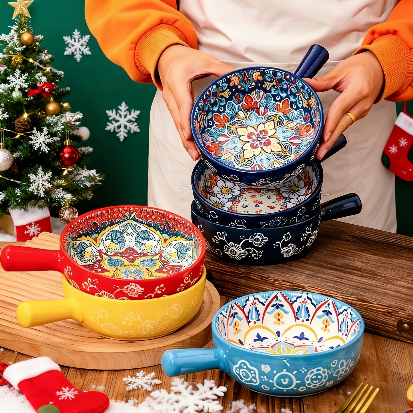 TAUFIKT 8.7-inch Large Bohemian Ceramic Salad Bowl Set Of Four (with Handles), Microwave And Oven Safe, Ideal for Home Baking And Table Serving, Valentine's Gift