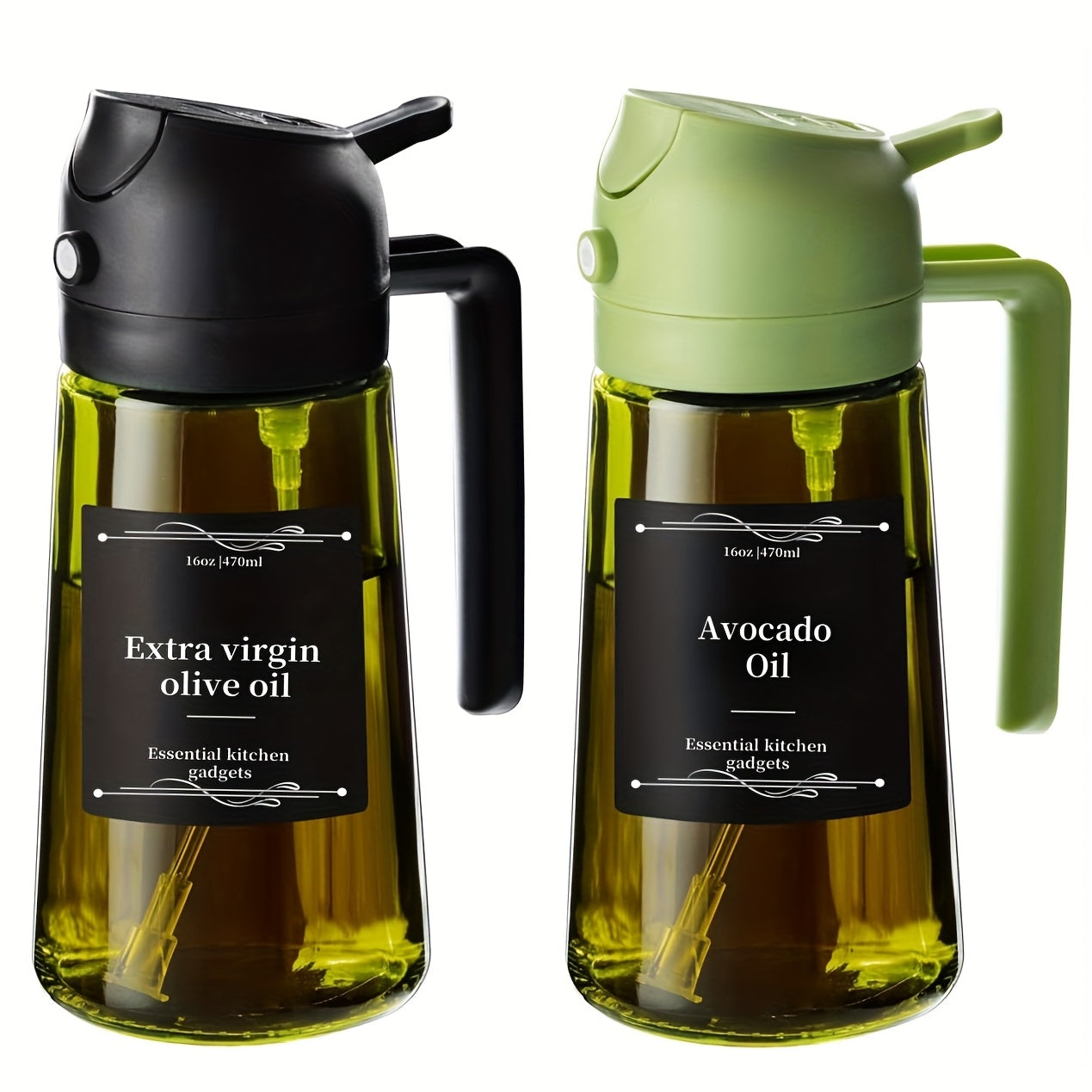 2pcs Kitchen Glass Olive Oil Dispenser Bottle, 2-In-1 Oil Bottle And Cooking Sprayer, 16Oz Premium Dark Green Glass Oil Bottle, Oil Sprayer for Cooking, Oil Dispenser for Kitchen with 6pcs Stickers, The Perfect Cooking Gadget for BBQ, Rvs, And Salad