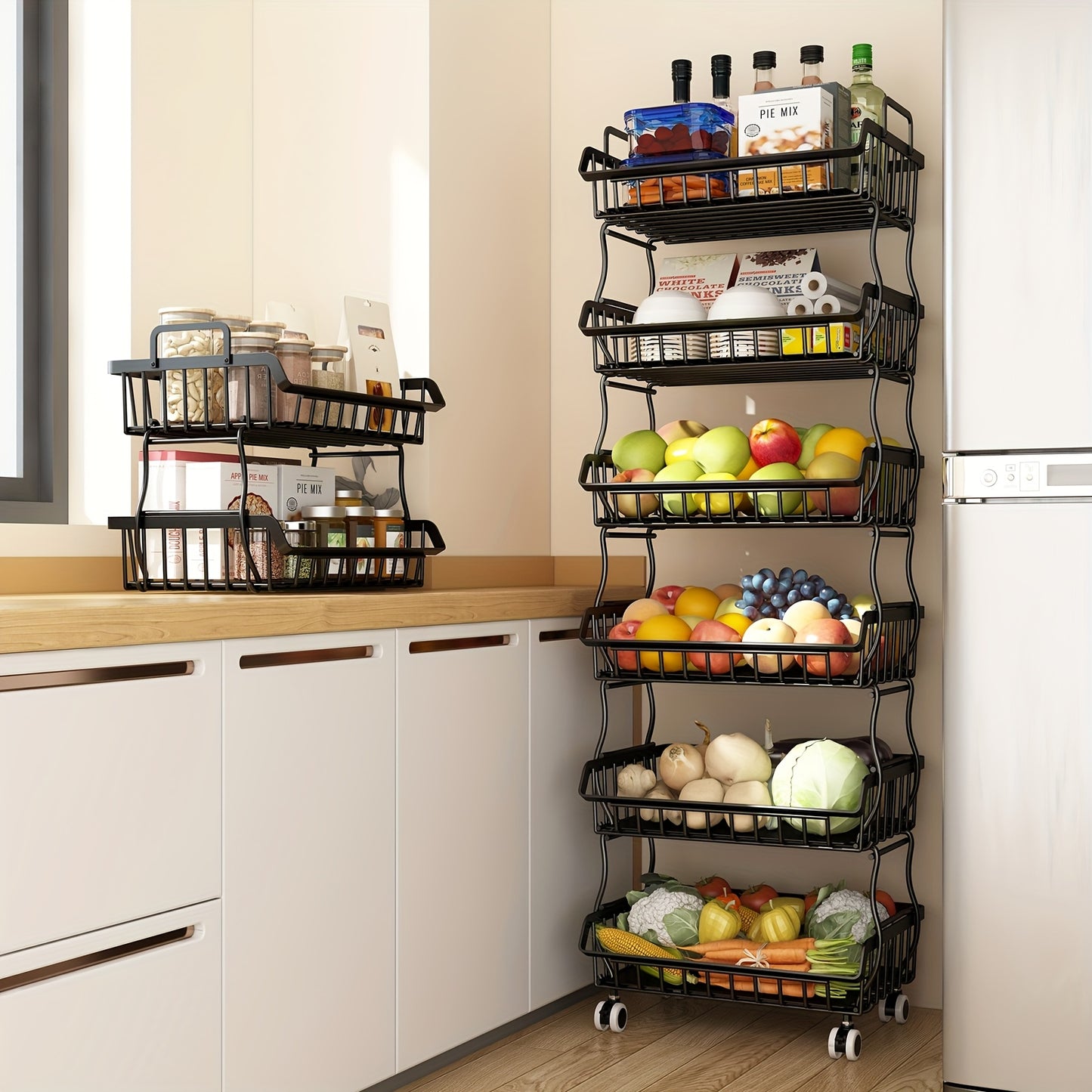 6-Tier Stackable Metal Wire Storage Basket Organizer with Wheels, Oblong Rectangular Design, Space-Saving Kitchen Pantry Organizer for Fruits, Vegetables, Utensils, Visible Open Shelf