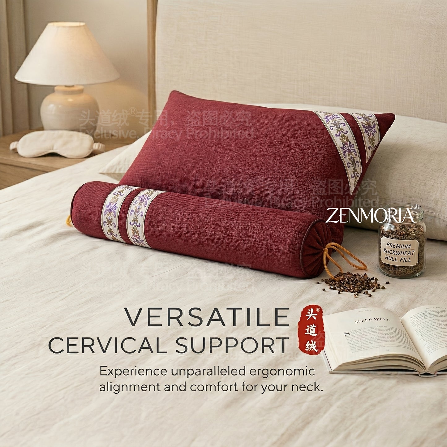 Detachable 2-in-1 Pillow, Premium Buckwheat Filled, Ergonomic Comfort & Relaxing Pillow for American Lifestyle..