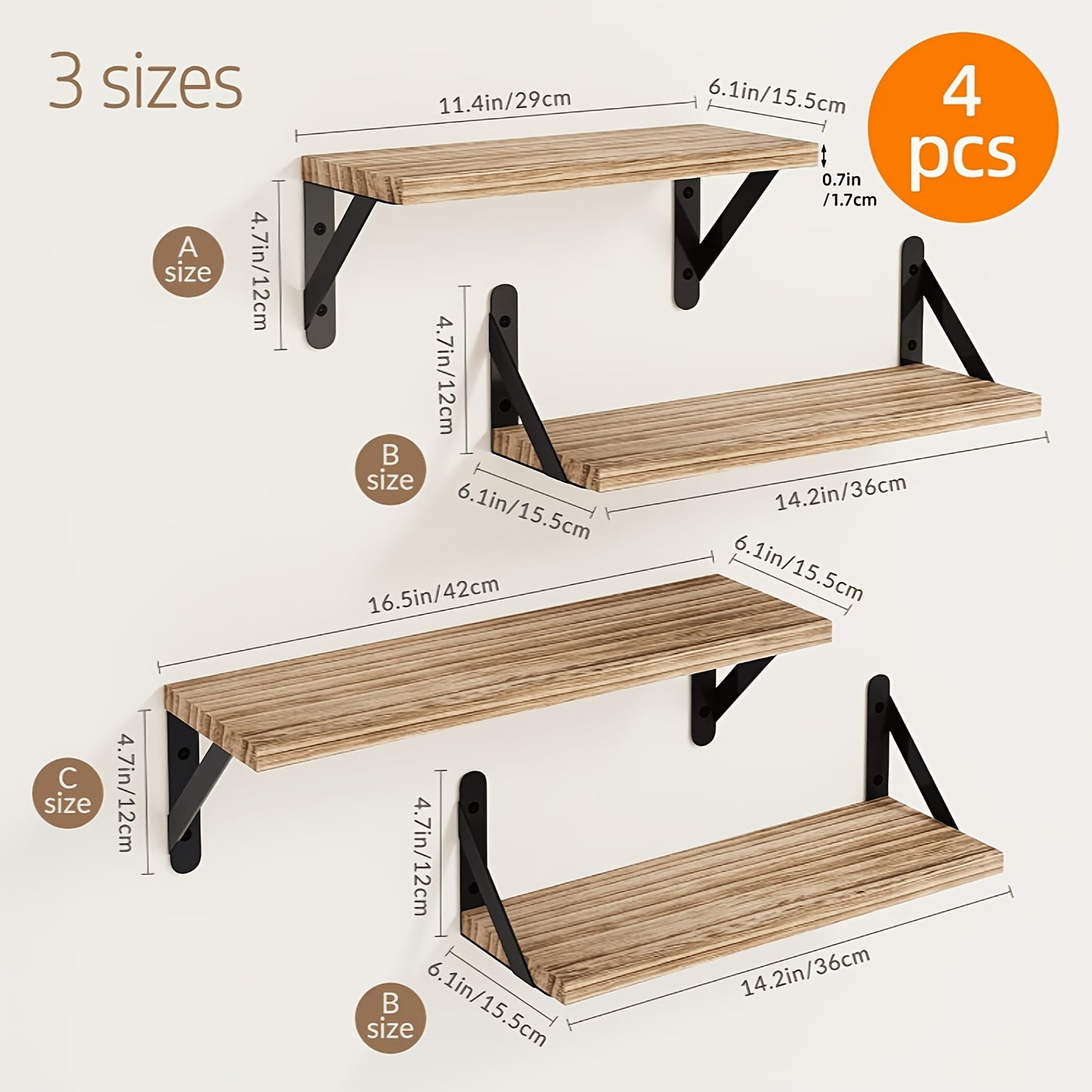 Floating Shelves Wall Mounted 4-Pack – Decorative Wall Shelves for Bedroom, Living Room, Bathroom & Plants, Home Storage Display Shelf for Books, Decor & Accessories, 4 Color Options