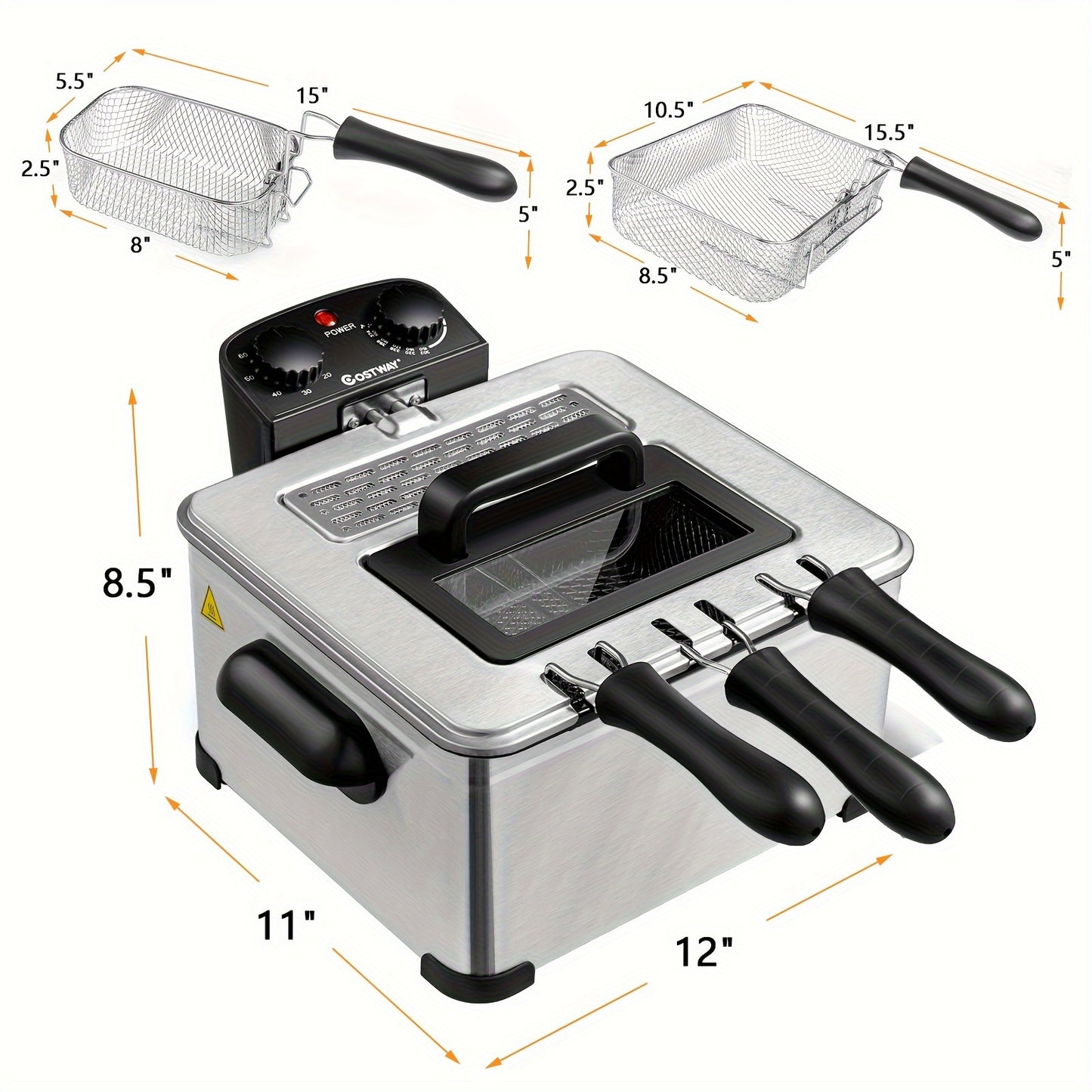 Electric Deep Fryer 5.3Qt Triple Basket 1700W Stainless Steel with Adjustable Temperature, 60-Min Timer & View Window Lid for Home Kitchen
