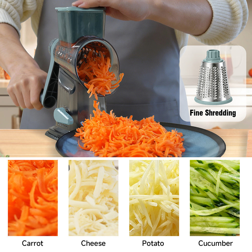 Rotary Vegetable Chopper & Cheese Grater, Multifunctional Cheese Grater Manual Food Slicer with 3 Replaceable Blades, Strong Suction Base, Ergonomic Handle for Nuts, Vegetables, Kitchen Manual Cheese Grater with Handle, Nuts Grinder