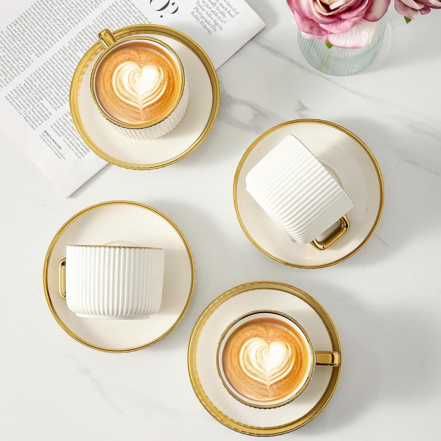 Cappuccino Cups with Saucers, 8Oz Ceramic Coffee Cups with Saucers Set, Latte Art Coffee Mugs with Golden Trim, Tea Cups Set of 6, British/Italian Coffee Cups for Cafe Mocha, Double Espresso