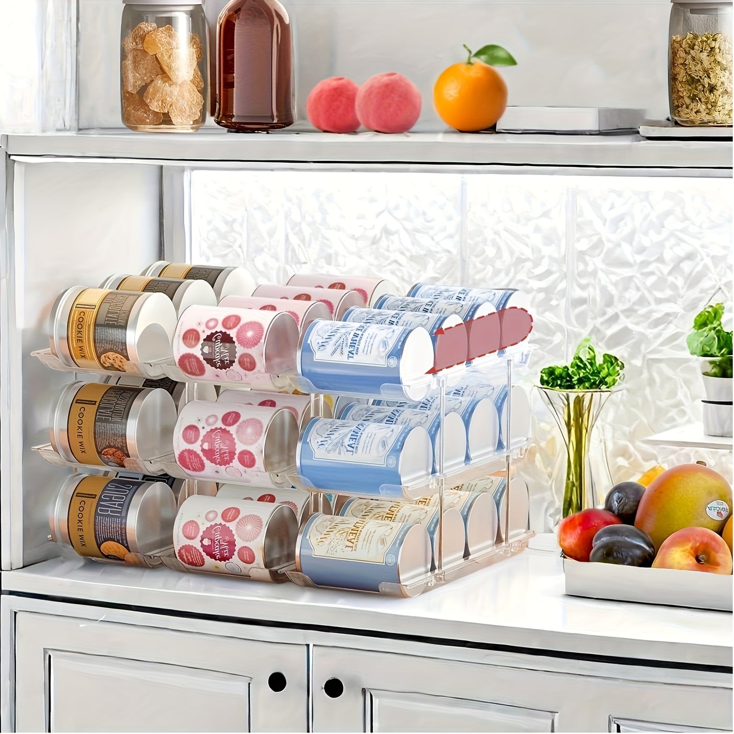 3-Tier Can Organizer Rack for Pantry Fridge 36-Capacity Stackable Rolling Soda Can Storage, Clear Plastic, Space-Saving Automatic Rolling Canned Food Organizer (3 Sets)