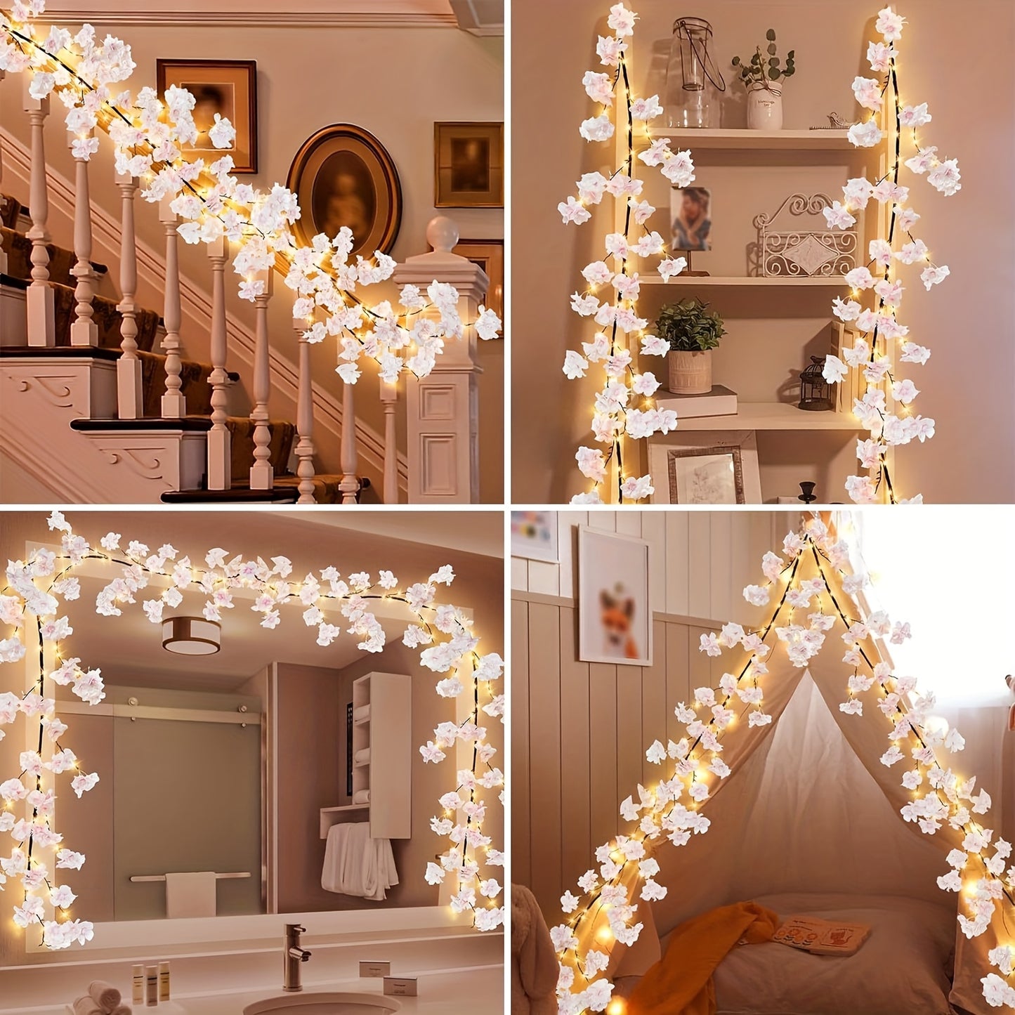 1pc 100 LED Cherry Blossom Garland with Light Artificial Flower USB Powered Wedding Home Decoration 180cm/70.86inch Fairy Light for Christmas Wall New Year Party Holiday Mantle Table Proch Spring Decor (Battery Not Included) IP45