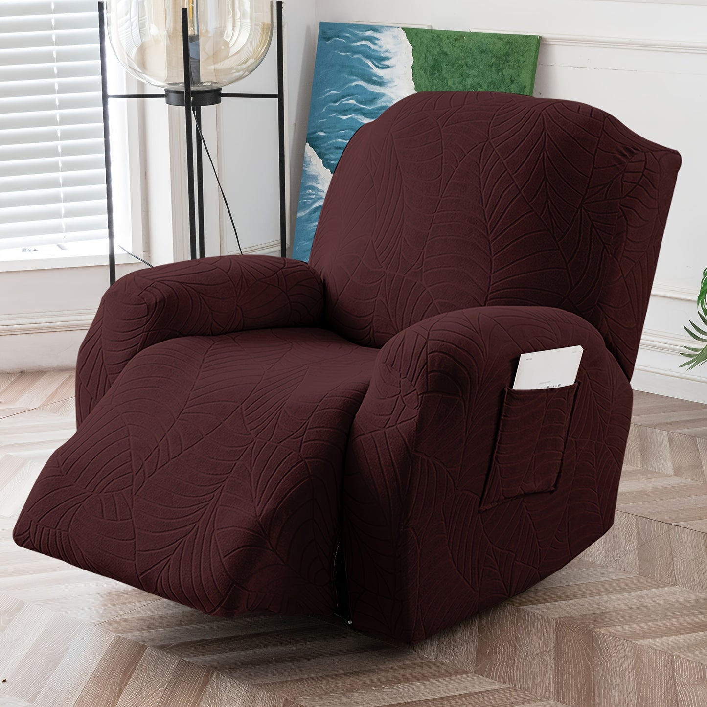 Recliner Chair Cover Slipcover 4-Piece Set – Leaf Jacquard Stretch Furniture Protector with Storage Pocket, Non-Slip Recliner Sofa Cover for Living Room, Machine Washable, 6 Colors Available