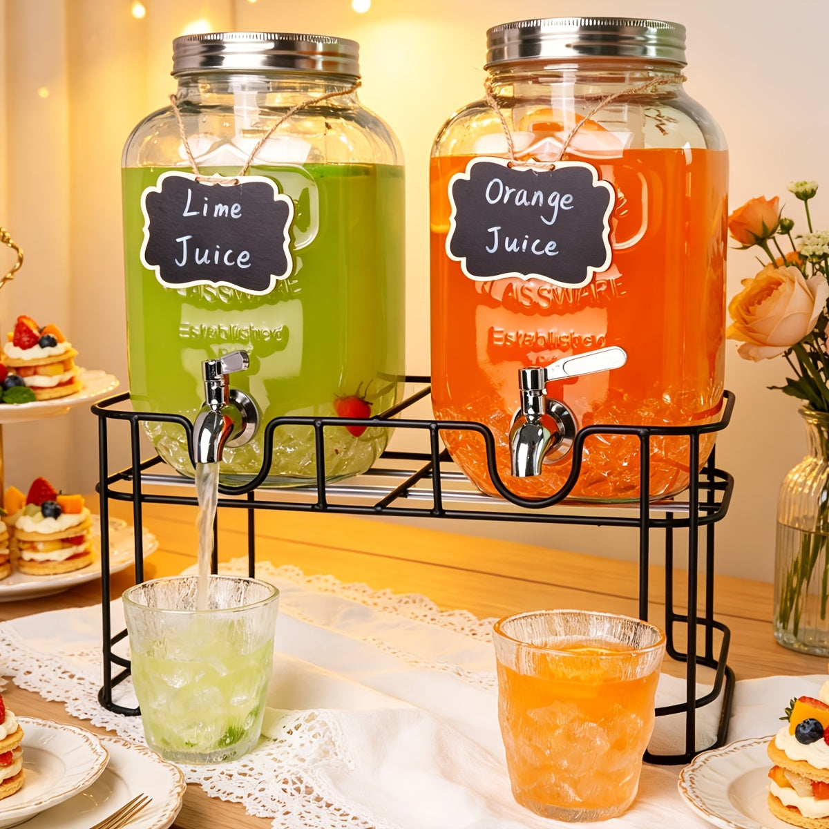 2 Packs 1 Gallon Glass Drink Dispensers For Parties, Beverage Dispenser, Glass Drink Dispenser With Fruit Infuser &Stand And Stainless Steel Spigot, Lemonade Dispenser With Ice Cylinder.Laundry Detergent for BBQ, Picnic, Party, Weddings & Events