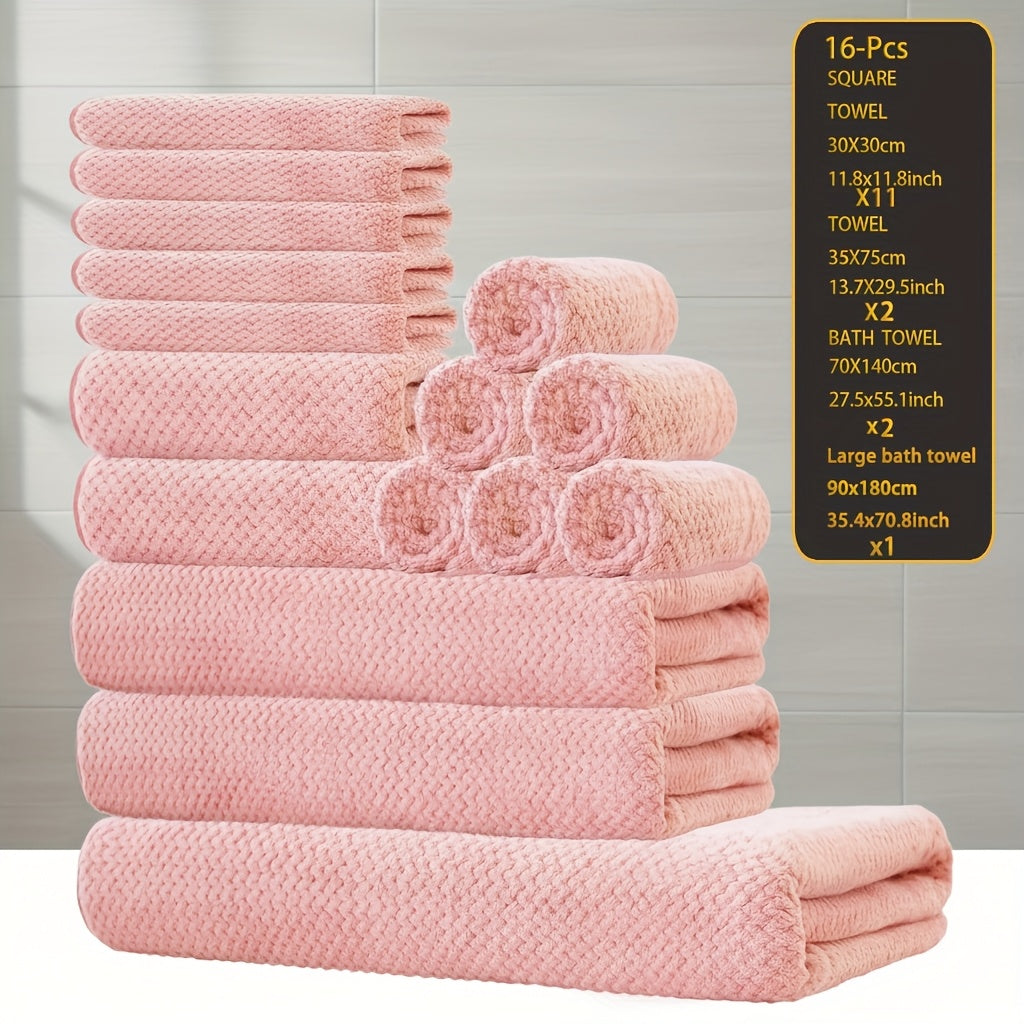 16pcs Coral Fleece Bath Towel Set, 1 Extra Large Bath Towel, 2 Bath Towels, 2 Washcloths, 11 Square Towels, Suitable for Hotels, Homes, Travel, And Spas
