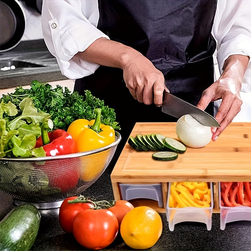 Bamboo Cutting Board with Food Container Storage Box | Food Drop Area Carving Board Cheese Shredder Juice Tank & Storage Box for Vegetables Cheese and Meat Carving Board with Easy Handgrip Cutting Board with Drawers