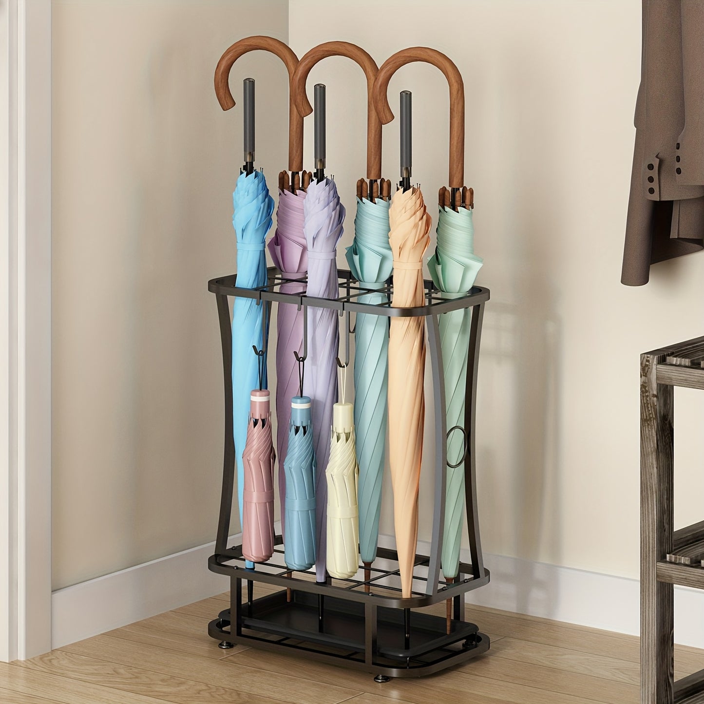 Metal Umbrella Stand with Drip Tray – 4-Tier Freestanding Umbrella Holder, Sleek Polished Finish, Space-Saving Entryway Storage for Home Office & Commercial Use, Black