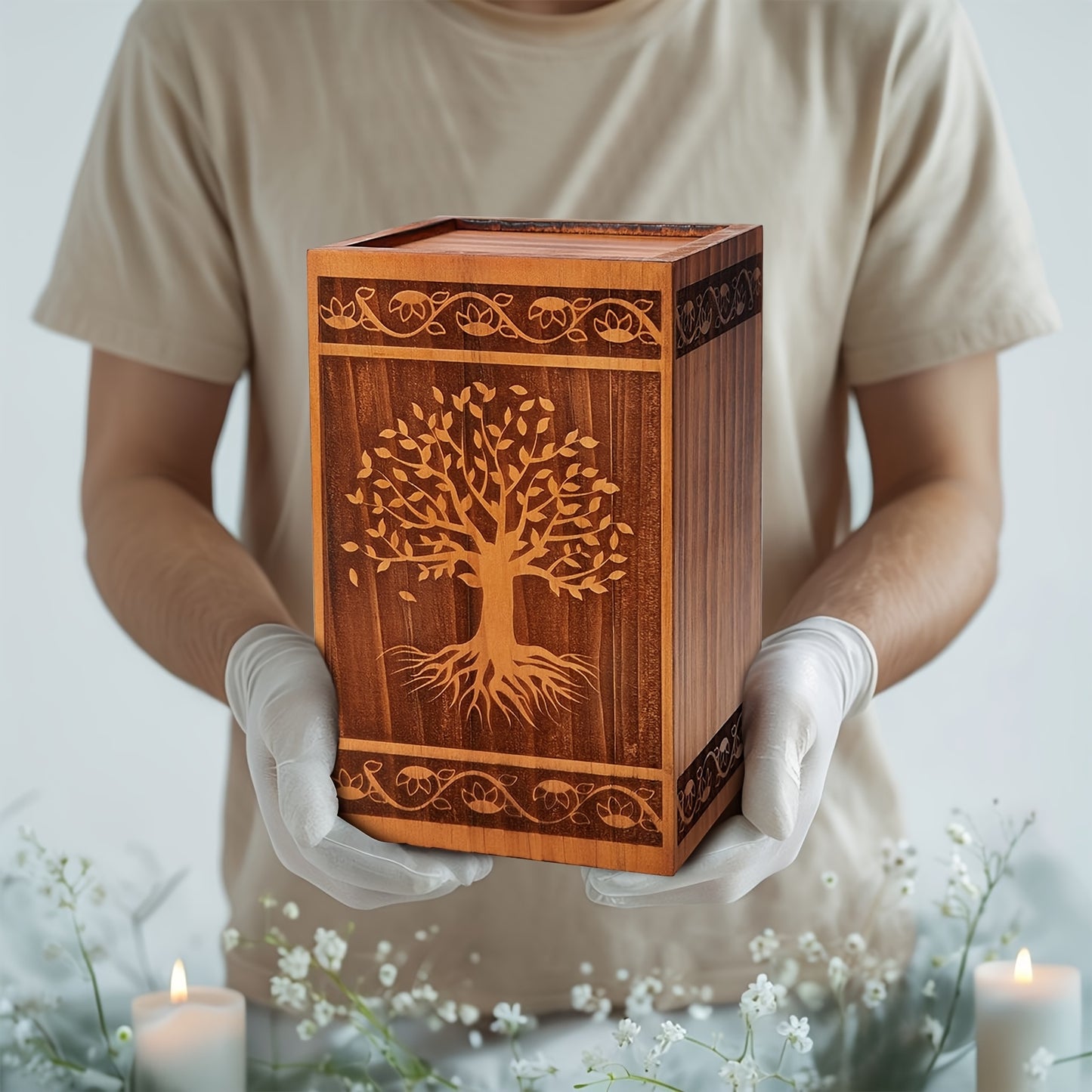 Cremation Urns for Human Ashes Adult – Wood Tree of Life Memorial Urn Box 200 Cu In for Men Women Child Burial Funeral Keepsake Holds Adult Ashes Fits Pets Cat Dog