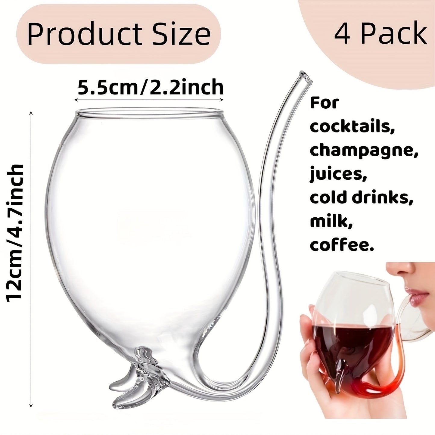 4pcs Set of Straw-Included Vampire Crane Tail Cocktail Glasses - 12oz Insulated Glass Decanter, Suitable for Cold Drinks, Champagne, Juice, Ice Cream - Halloween, Christmas Party Drinkware, Reusable and Hand Wash Only, Fun Design, Pirate-Themed