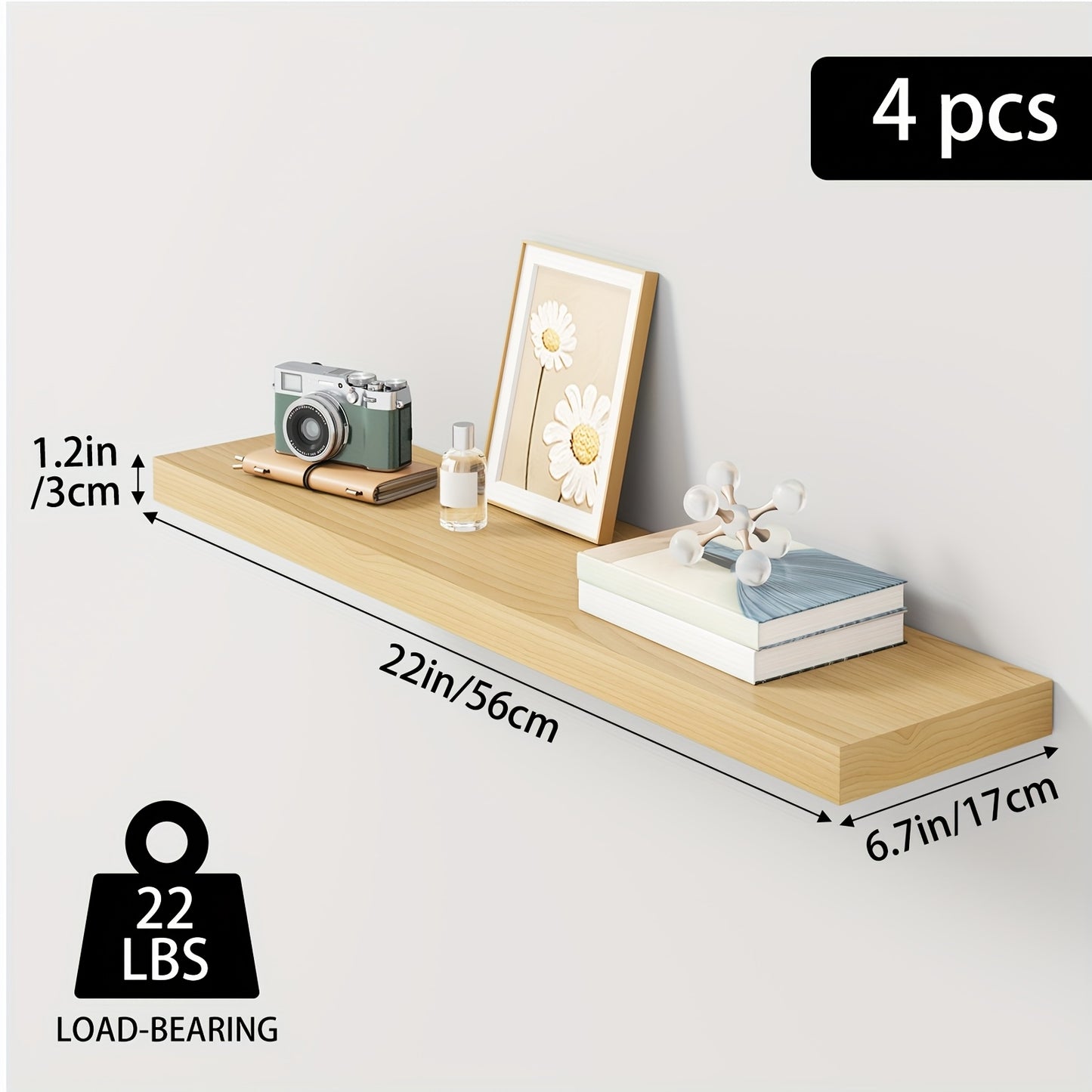 TOMNK Floating Shelves, 4pcs, 56cm/22in, Wall Shelves For Bathroom/Living Room/Bedroom/Kitchen Decor, Shelves With Invisible Brackets Set (Walnut/Light Brown/White/White Oak/Black)