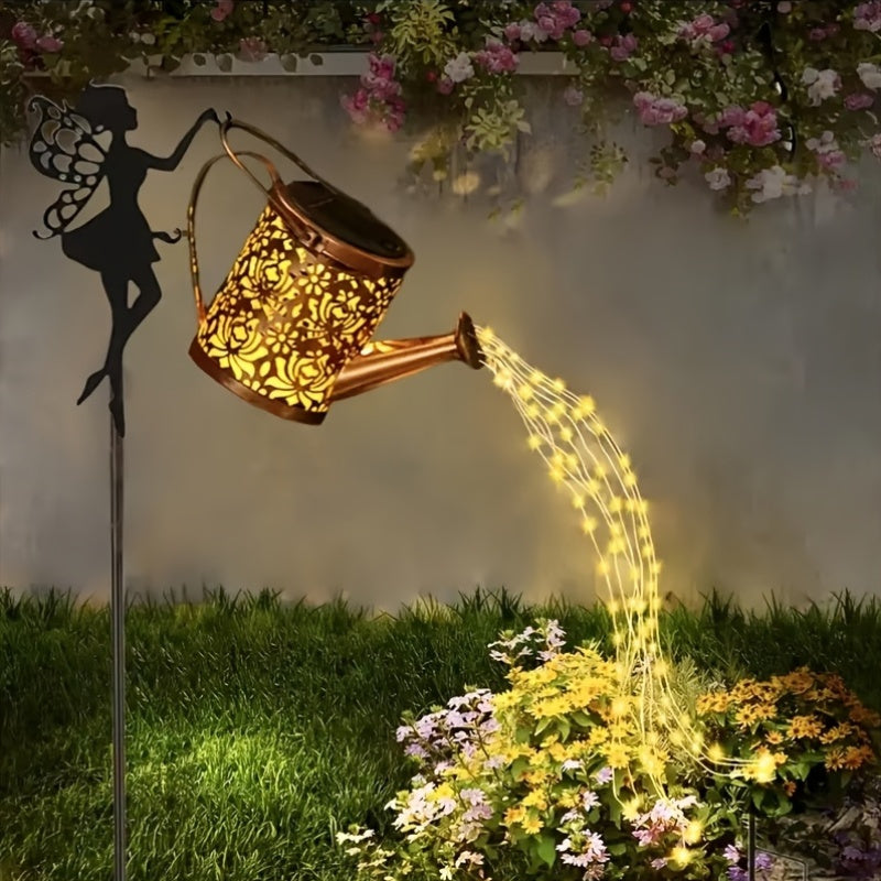 Solar Fairy Waterfall Lights for Halloween Decoration, Featuring a Solar Watering Can Lamp Made of Metal. This Garden Decor Includes 36 LED Flowing String Lights And Serves As an Outdoor Solar Stake Lamp. It Is IP65 Waterproof, Suitable for Patios