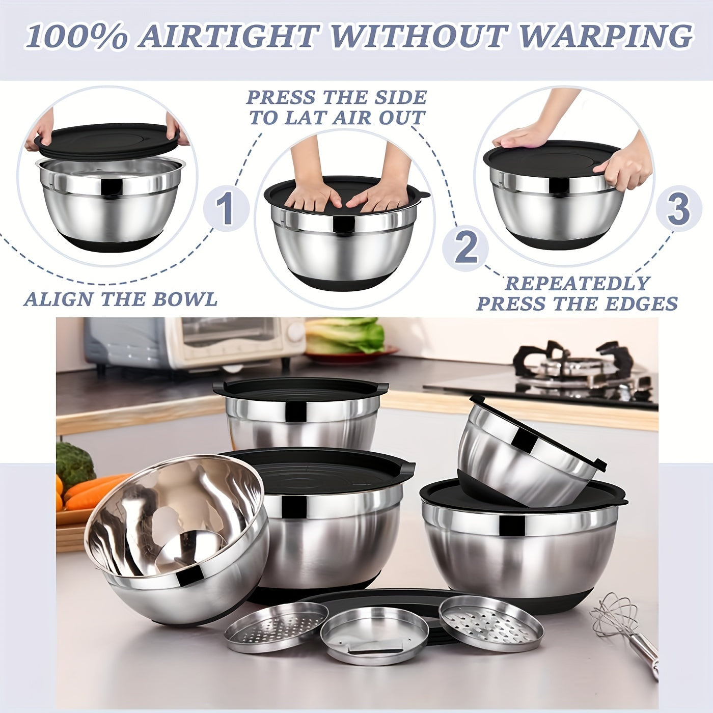 8pcs Stainless Steel Mixing Bowl Set - Includes Airtight Lids and Non-Slip Silicone Base, Perfect for Baking, Serving, Storing, and Kitchen Organization