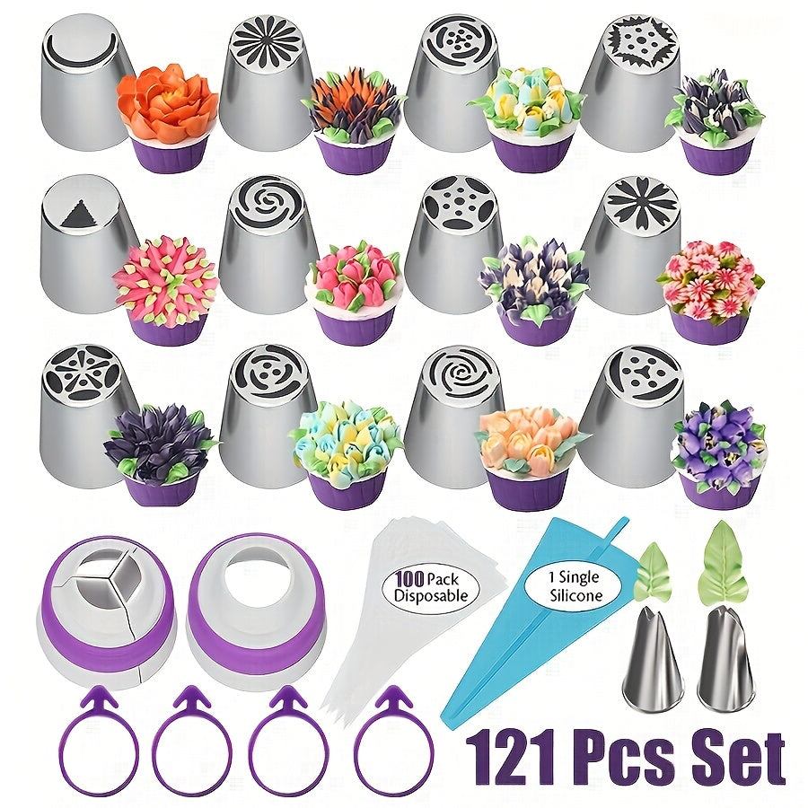 121pcs Russian Piping Nozzle Set, Including 12 Flower Pastry Tips Nozzles Icing Tips, 2 Leaf Shape Piping Tips, 2 Couplers And 100 Pipping Bags, for Cake Decorating Tools, Baking Supplies for Cookie Cupcake