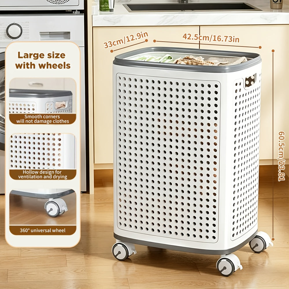 Large Foldable Wheeled Laundry Basket on Wheels - White, Versatile Folding Portable Laundry Basket for Dirty Clothes, Ironing, And Storage. A Versatile Organizer Suitable for Dorms, Bathrooms, Bedrooms, Rvs, Laundry Baskets