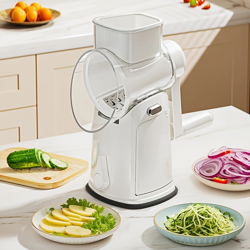 Rotary Cheese Grater With Handle, Kitchen Round Vegetable Slicer With 10pcs Interchangeable Blades, Easy To Clean Rotary Grater Slicer With Strong Suction Cup Base For Cheese, Fruit, Vegetables, Nuts, Salad Making, Kitchen Stuff, Kitchen Accessories