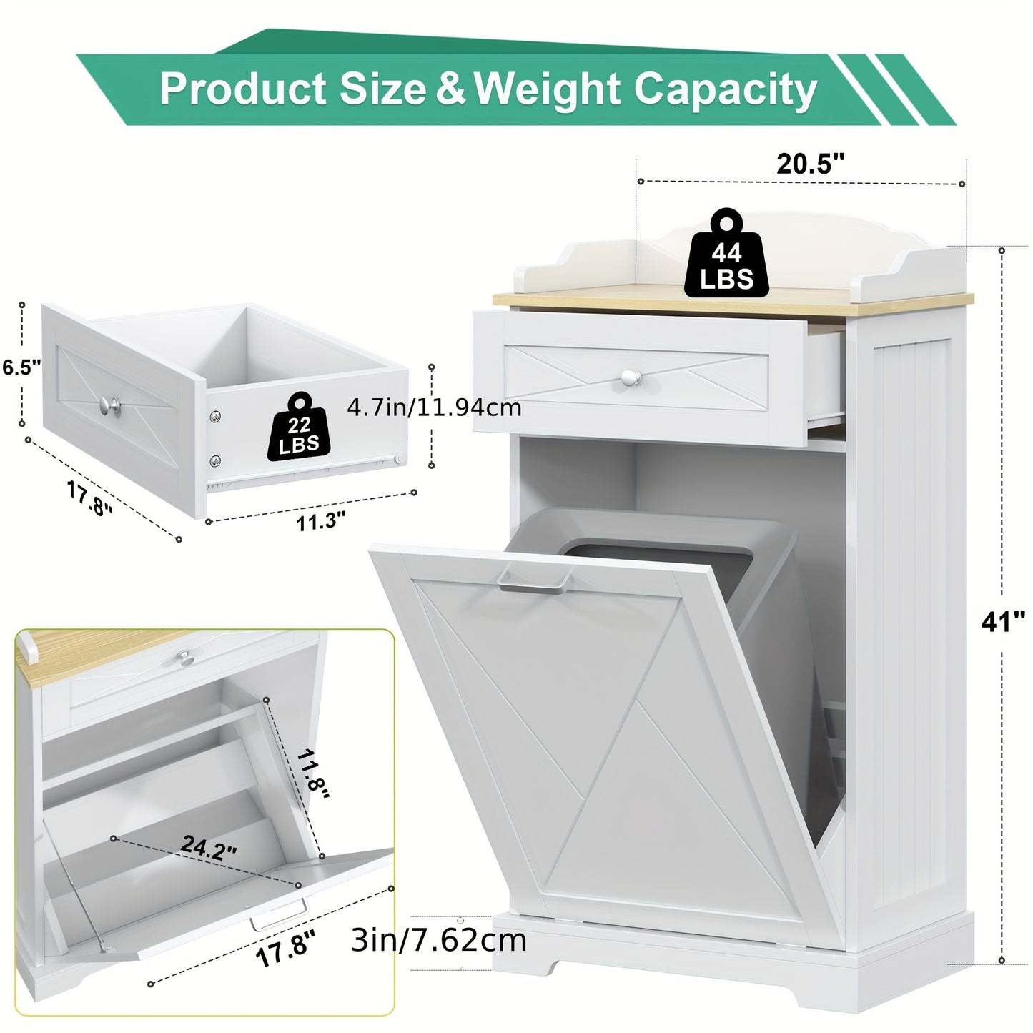 Tilt Out Trash Can Cabinet 12 Gallon, Hidden Trash Cabinet with Drawers, Kitchen Island Kitchen Pantry with Trash Can Storage, Tilt Out Laundry Hamper Cabinet