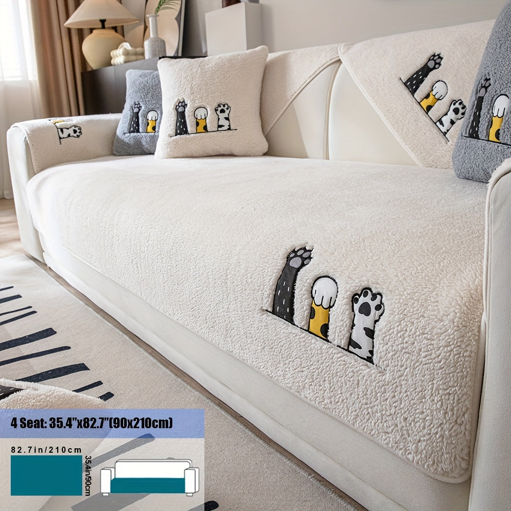 1pc Thickened Sherpa Sofa Couch Cover with Embroidered Cute Cat Paw , Thick Plush Seat Cushion Protector, Fuzzy Non Slip Sofa Slipcover, Pet-Friendly And Machine Washable Furniture Protector, Home Decor