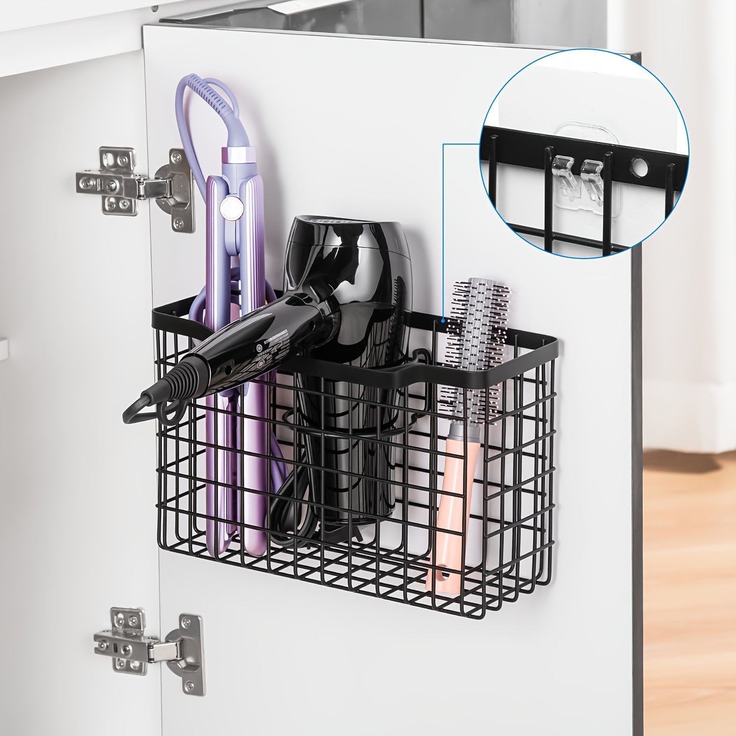 Bathroom Trays Hair Tool Organizer - Hair Dryer Holder 3 Adjustable Height, Bathroom Organizer Cabinet Door/Wall Mounted for Hair Dryer, Curling Iron, Hair Straightener, Brush (Black), Shelves, Bathroom Trays