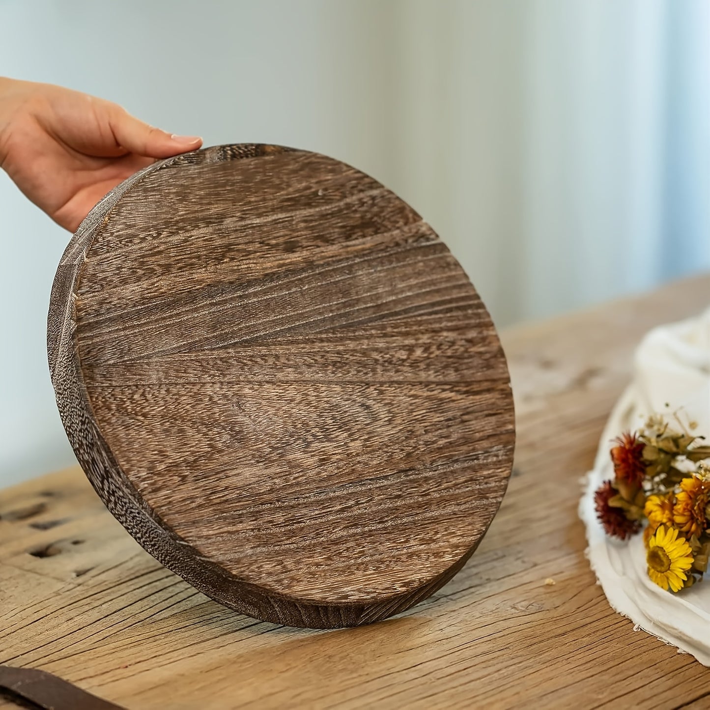 Decorative Tray for Coffee Table – Round Wave-Shaped Centerpiece Tray for Living Room, Dining Room, Kitchen Counter, Bathroom – Rustic Vintage Distressed Finish, Multipurpose Home Decor Tray