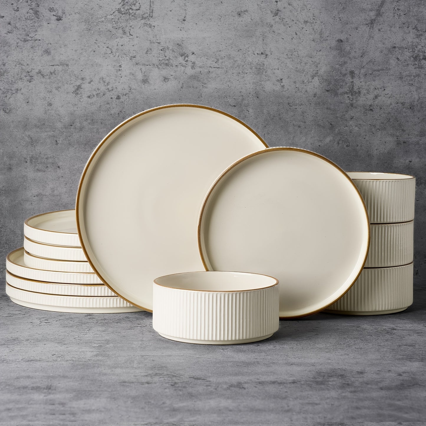 12pcs Modern Dinnerware Set for 4 - Cappuccino White Stoneware Plates & Bowls Suitable for Holiday Tableware, Microwave & Dishwasher, Round Plates and Bowls for Everyday Dining, Plates and Bowls for Dinner Parties, for or Gifts