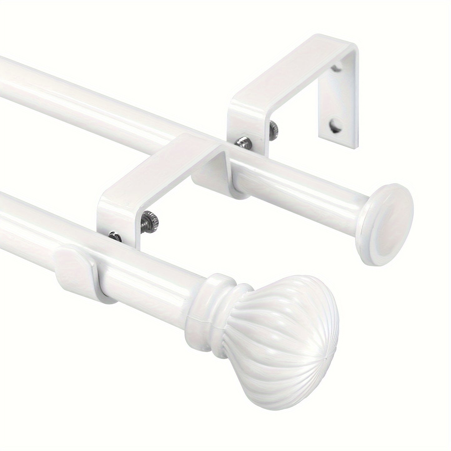 Adjustable Double Curtain Rods Featuring Fluted Ball Finials, Designed for Windows with a Front Diameter of 5/8 Inches And a Back Diameter of 1/2 Inches, Available in Sizes 28"-48", 48"-84", And 84"-120"