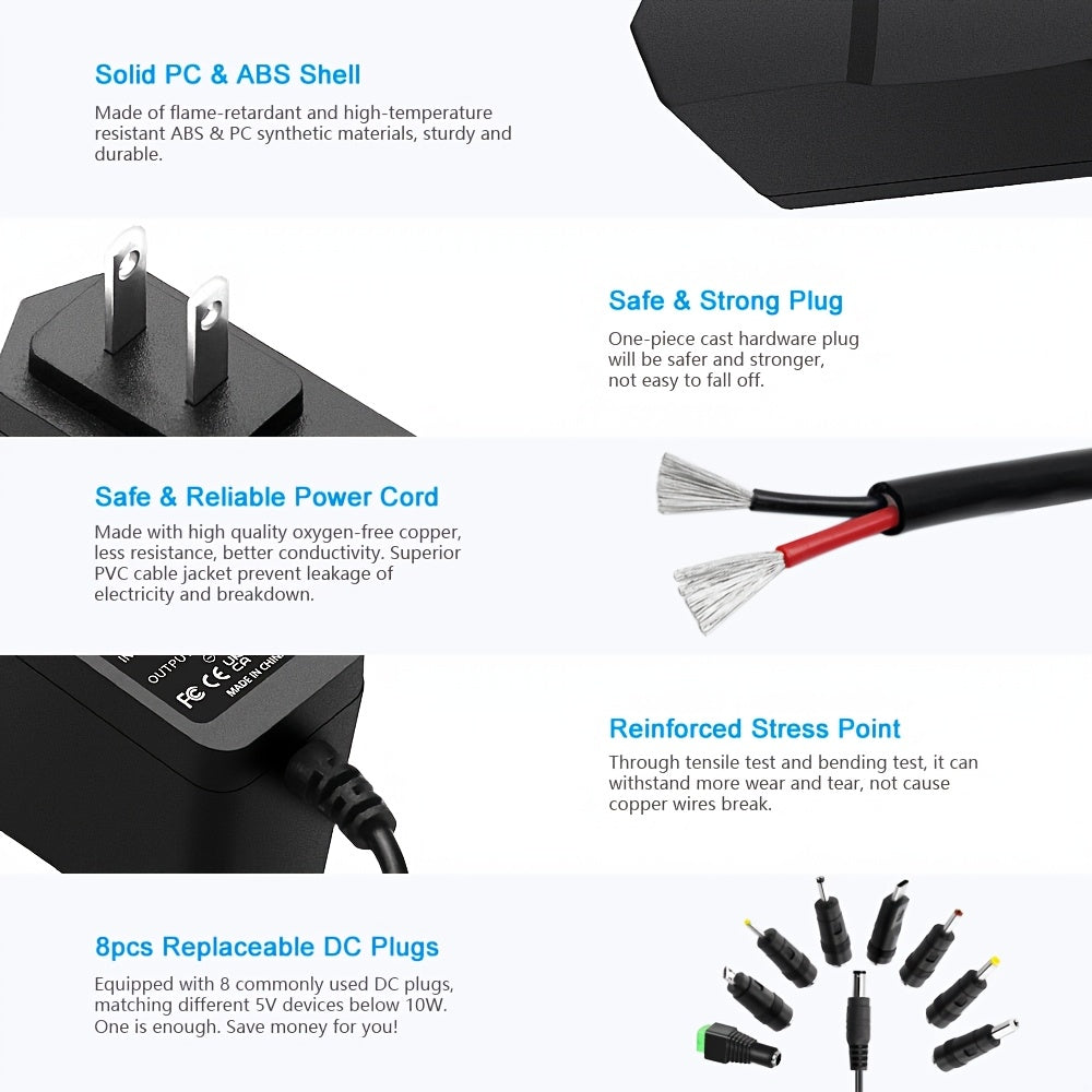 5V 2A Power Adapter Universal 9-in-1 with 8 Tips - AC/DC 5 Volt 10W Power Supply, Type-C, Micro-USB, 5.5x2.5mm & More, for Router, CCTV, LED Strip, TV Box, Smart Home Devices