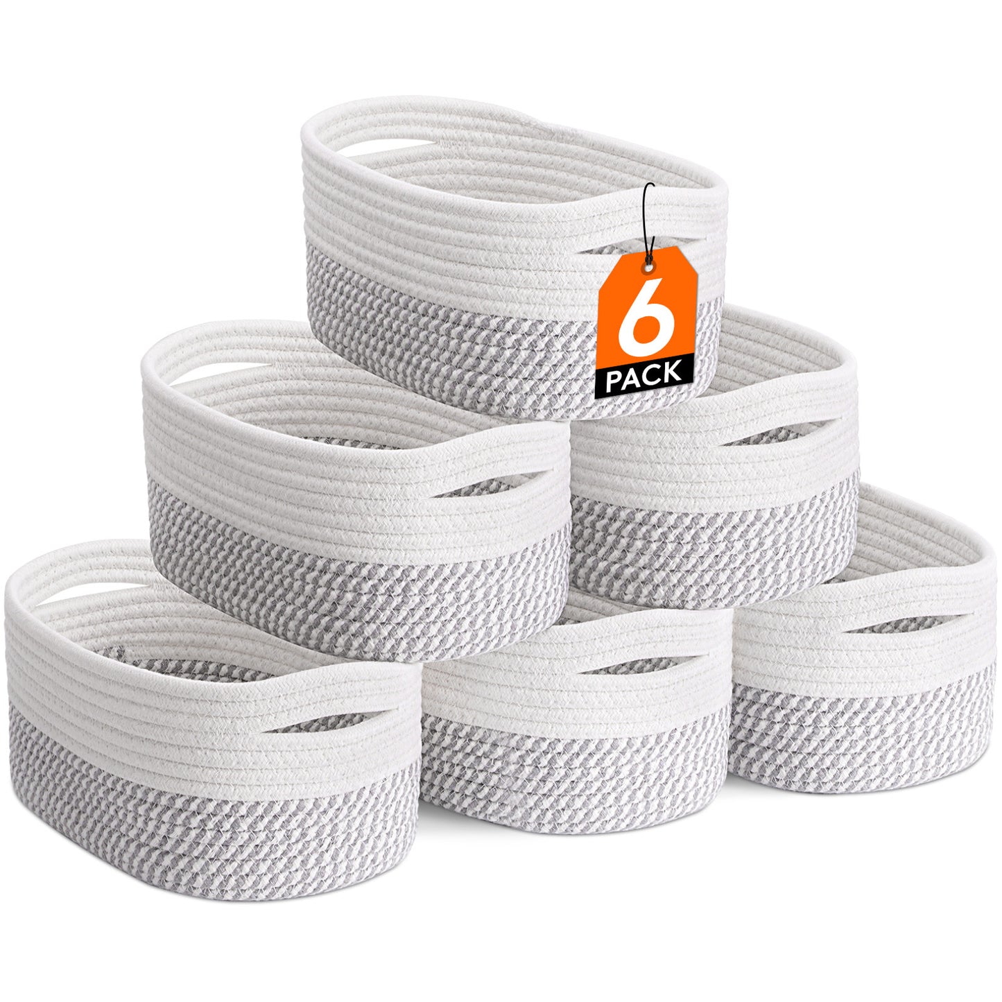 Woven Storage Baskets 6-Pack Cotton Rope Cube Bins 11x7x5" | Handmade Small Shelf Baskets for Organizing Closet Bedroom Living Room Playroom | Round Decorative Storage Caddy Multiple Colors