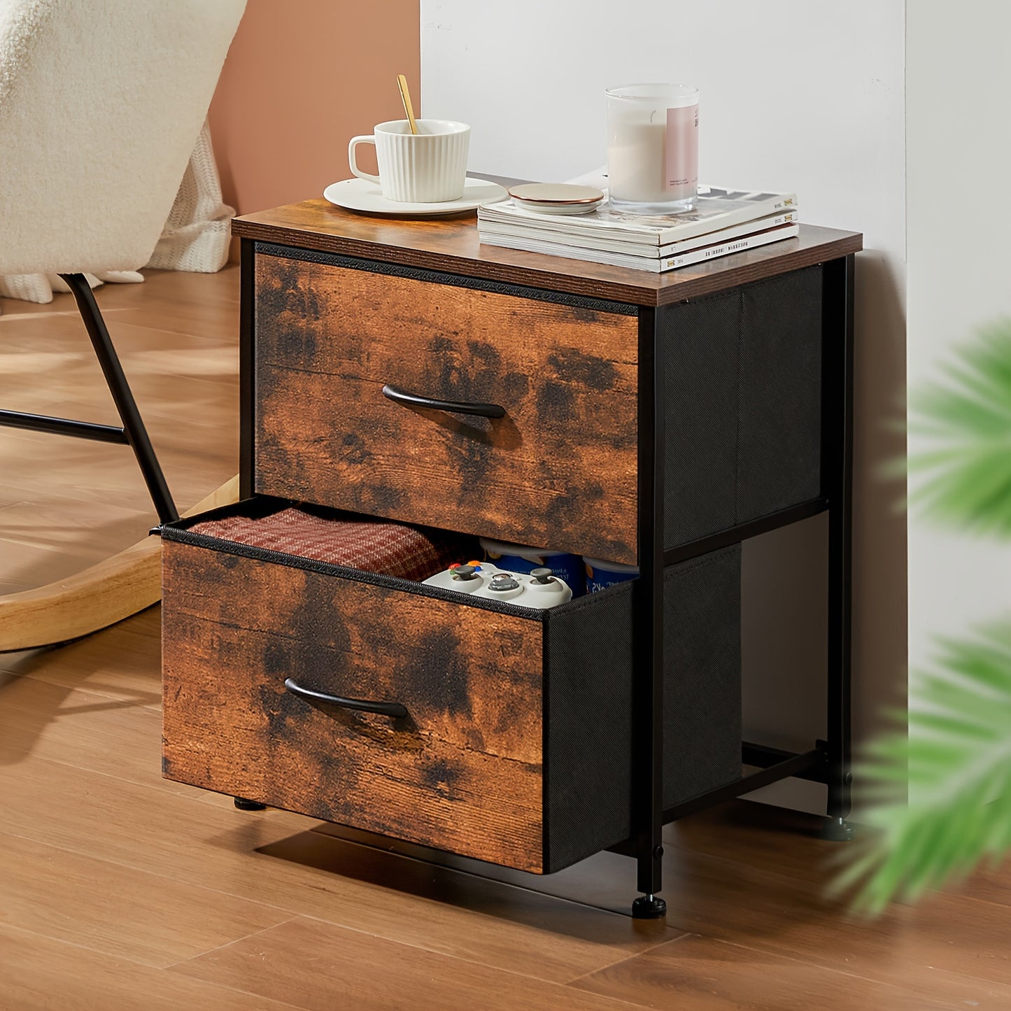 Nightstand with 2 Storage Drawers, 20" Bedside Table with Wooden Top & Fabric Cabinet, Steel Frame Mini Dresser for Bedroom, Dorm, Living Room – 1pc or Set of 2pcs, Black White Grey Rustic Brown