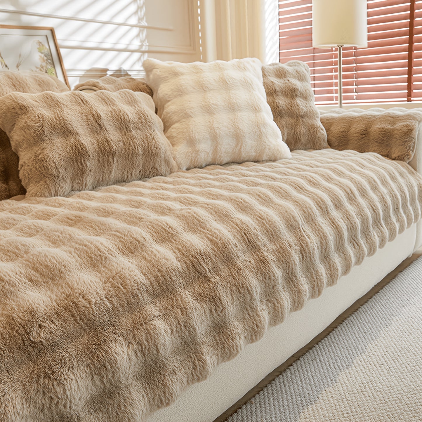 Bubble Soft Faux Rabbit Sofa Cover - Non-Slip 3/4 Seat Stretchable Slipcover Durable Furniture Protector Breathable Sofa Cover for Living Room, Bed, Dorm (Beige/Dark Grey/Khaki, 35.5X71/83Inch) - Comfortable Home Decoration, Warm And Easy to Clean
