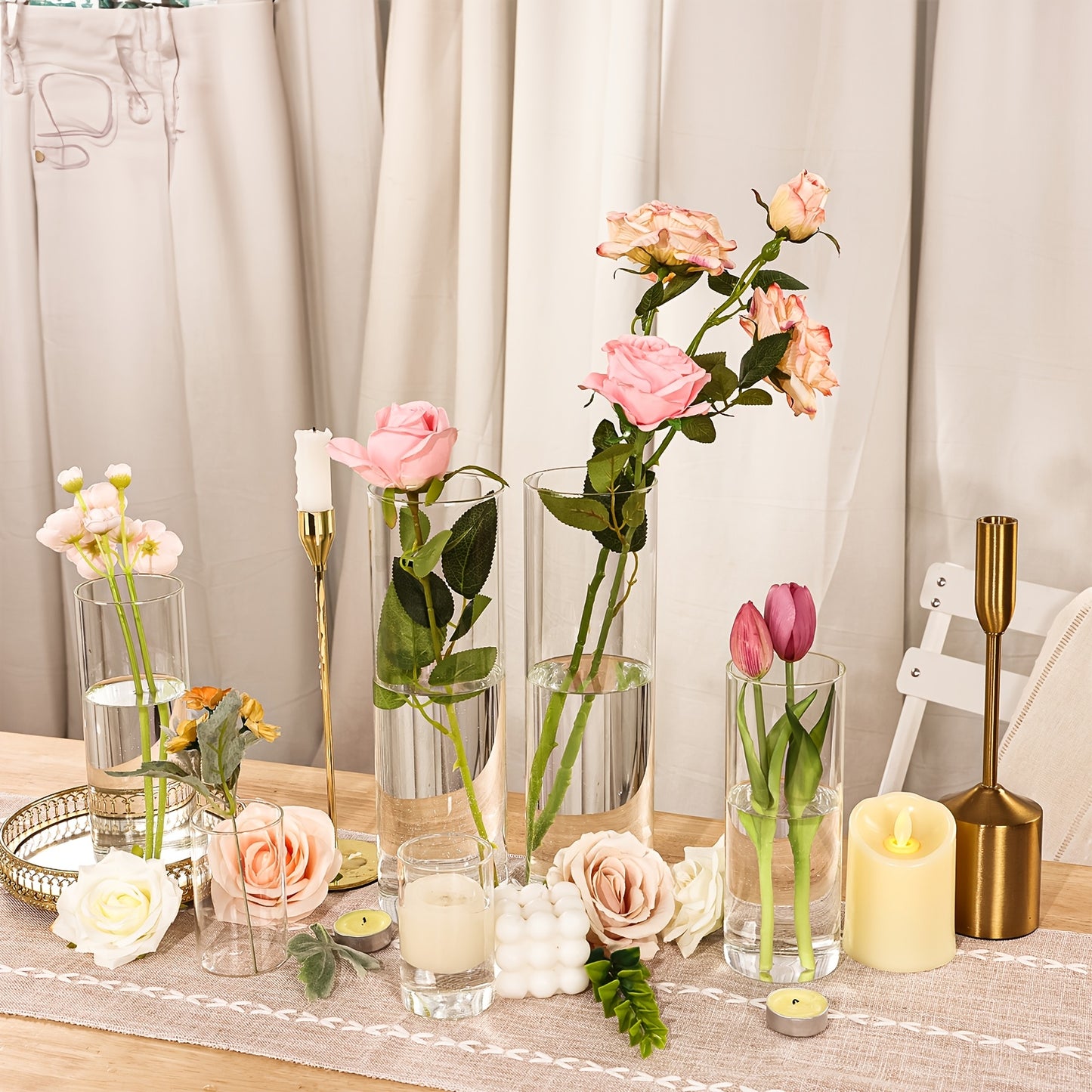 TOMNK 18/24pcs Glass Cylinder Vase In 3 Different Sizes (4in/8in/12in H), Candle Holder Clear, Tall Clear Vases For Halloween Decorations, Wedding & Party Centerpieces, Glass Flower Vase For Home Decor Party