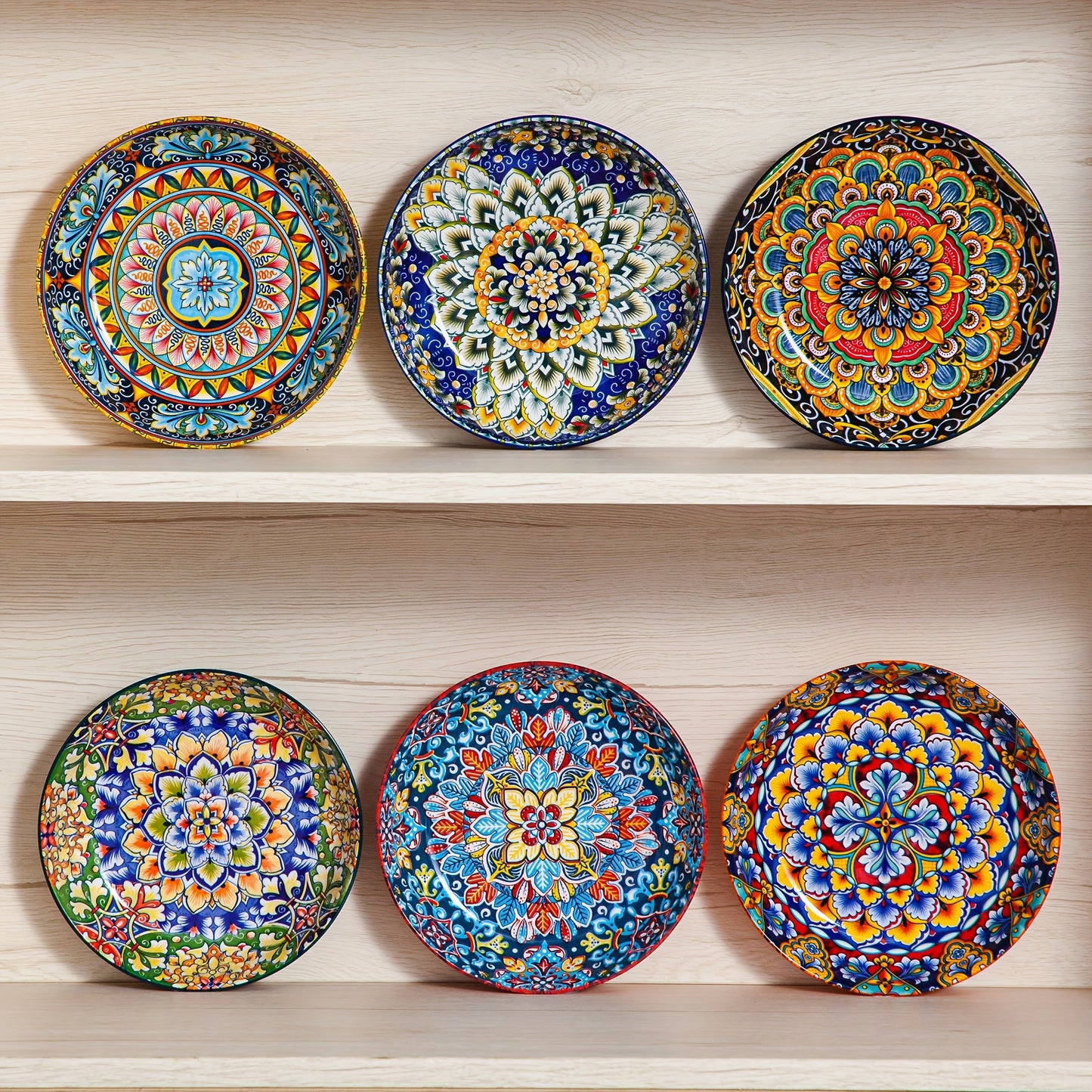 32 Oz Porcelain Bohemian Style Pasta Bowls | Set Of 6, Flower Pattern, Round Shape, Microwave Safe, Brand: VANCASSO