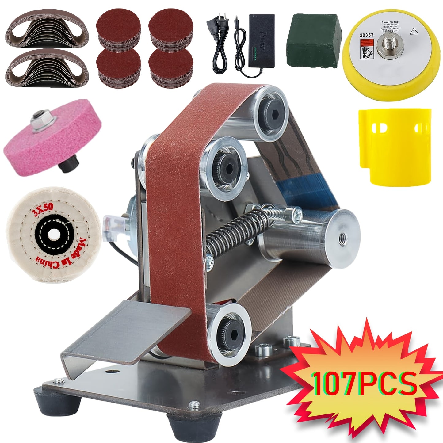 7/37/107pcs Suite 3-in-1 Mini Belt Sanding Machine -15 Degree Knife Sanding Machine, Electric Desktop Sanding Machine, 7 Adjustable Speed Slow Polishing Machines, Sanding Machine, Suitable for DIY Metal And Wood Handicrafts, Tools And Cutting Tools