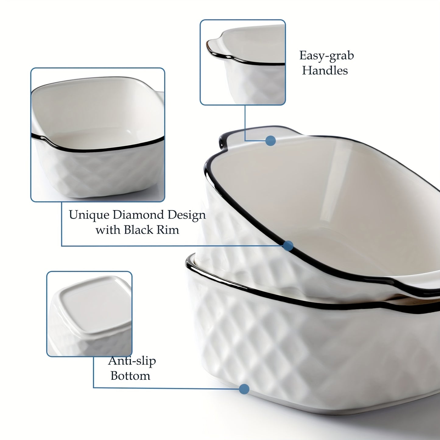 4pcs, 13Oz Ceramic Baking Dishes, 5.7X4.5X2.2'' Square Baking Dishes - Diamond Design, 400Ml Small Baking Dish for Air Fryer, Ceramic Bakeware with Handles, Oven-Safe & Microwave-Safe